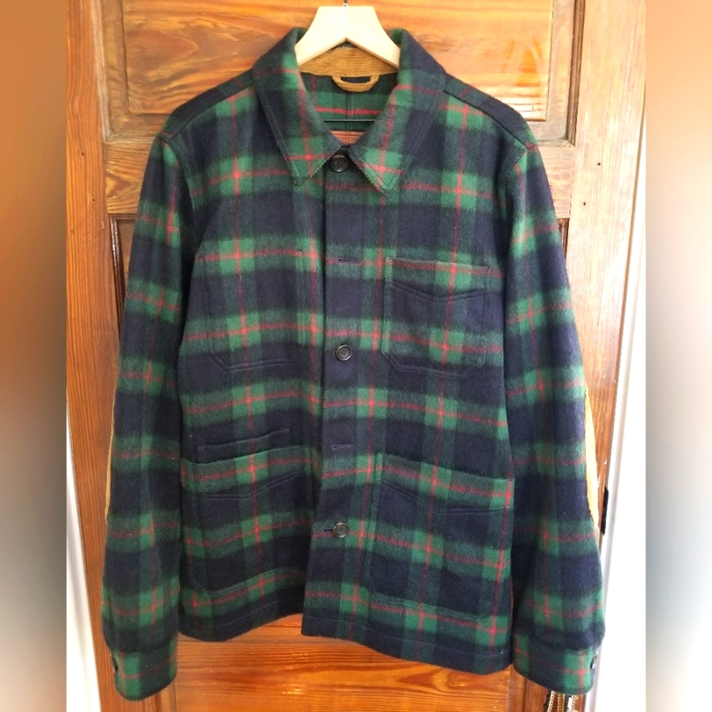 Green Tartan wool jacket, patched elbows.